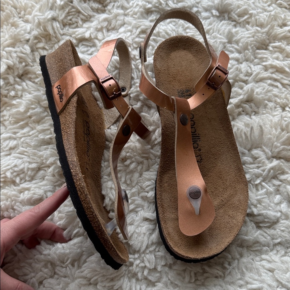 Birkenstock Rose Gold Metallic T-Strap Sandals